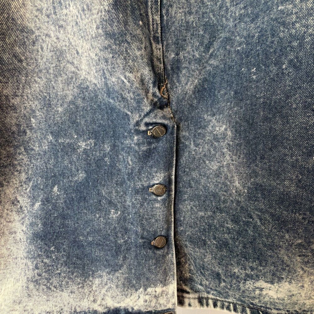 Vintage 80s Palmettos Acid Wash Denim Midi Skirt Pleated Button Back Slit L 16 - Picture 13 of 16